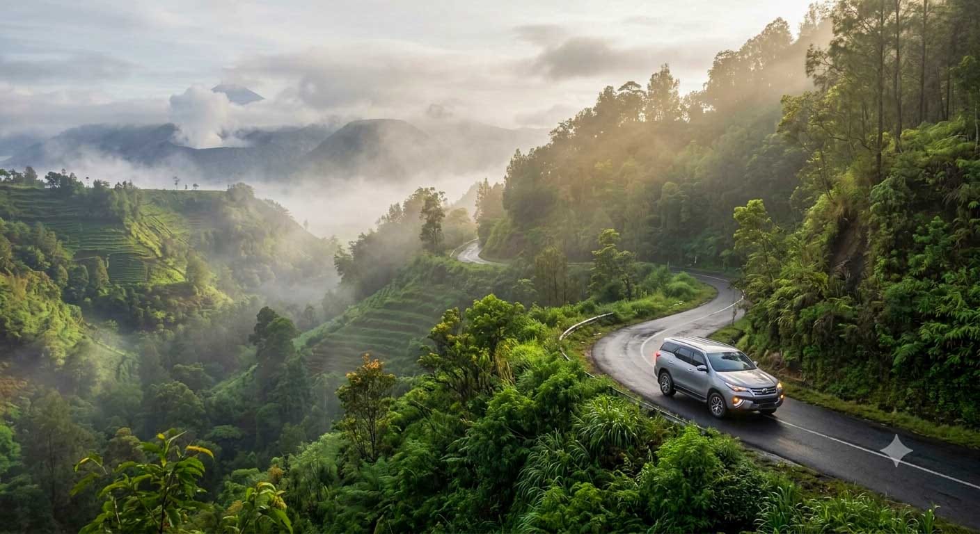 A comfortable private car navigating the Malang to Tumpak Sewu route safely.