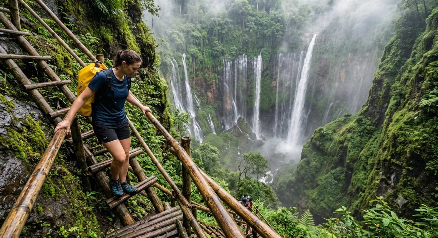 An adventurous traveler navigating the steep and rugged trail down to Tumpak Sewu Waterfall.